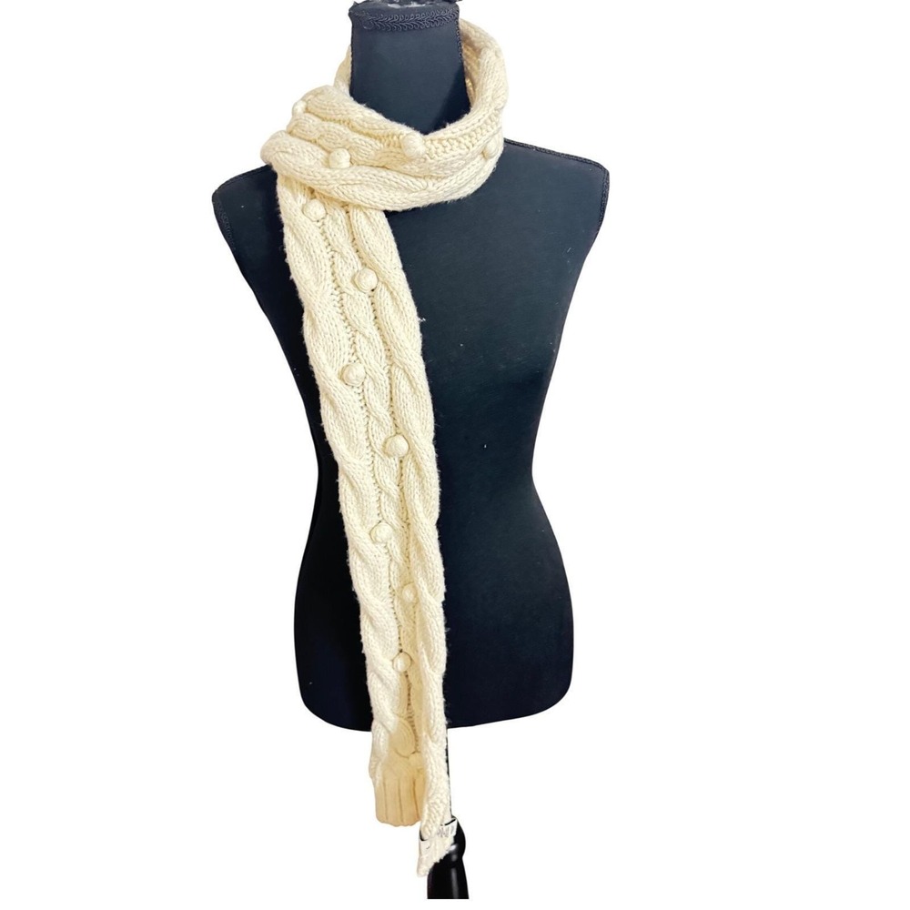 Y2K Abercrombie & Fitch Cream Cable Knit Scarf Wool Blend Popcorn Pom Pom Ivory